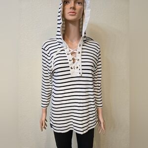 Ralph Lauren Jeans Womens  Xl Blouse White Striped Lace-up White Cap